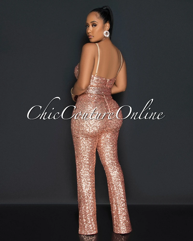 Claster Rose Gold Sequins Belt Jumpsuit