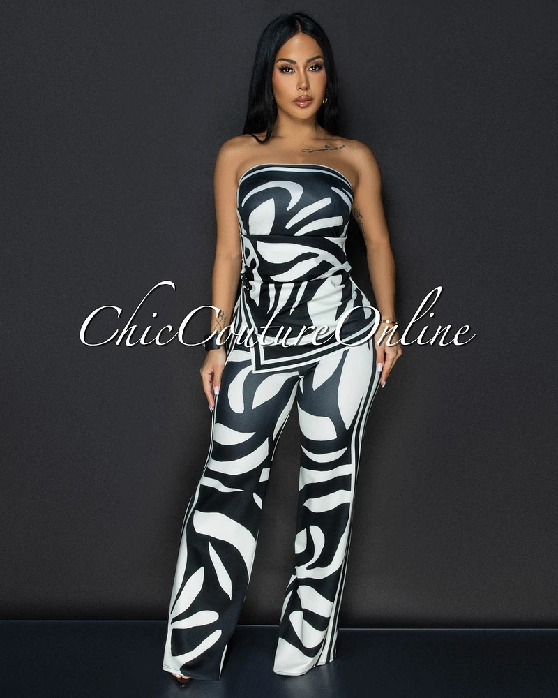 Jenelle Black Cream Print Top & Pants Set