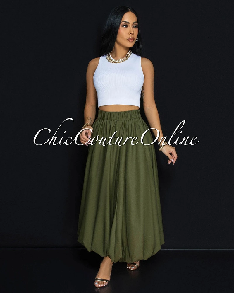 Vienna Olive Green Midi Bubble Cargo Skirt