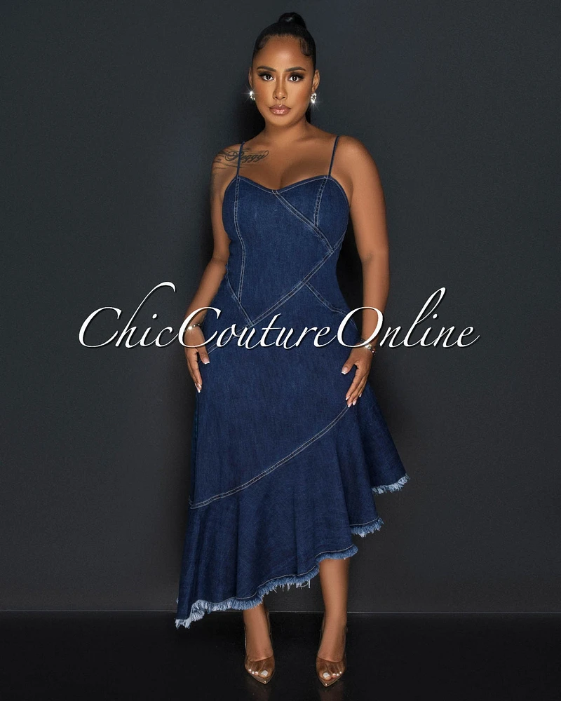 Haley Dark Blue Denim Spaghetti Strap Midi Dress