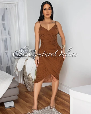 Solis Brown Mesh Ruched Midi Dress