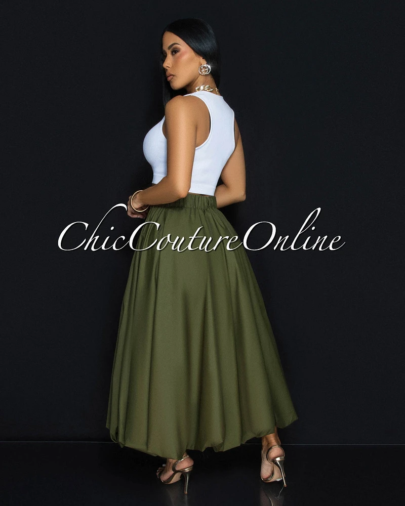 Vienna Olive Green Midi Bubble Cargo Skirt