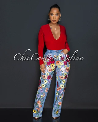 *Alexus Light Denim Multi-Color Floral Applique Jeans