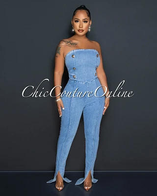 Morgan Light Denim Gold Buttons Strapless Jumpsuit