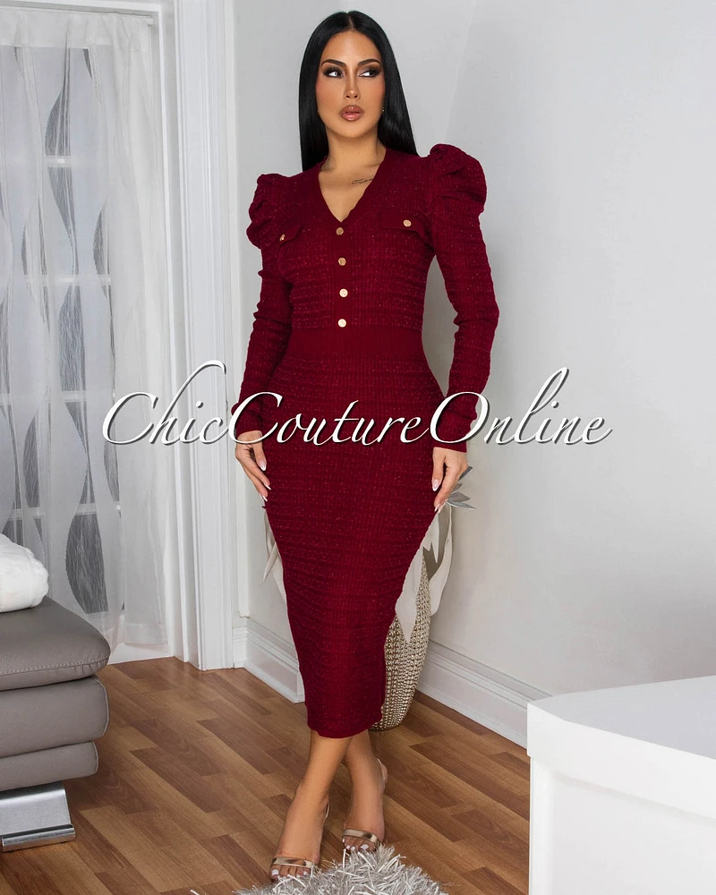 Novia Burgundy Gold Shimmer Knit Midi Dress