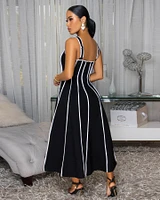 Samantha Black White Stripes Linen Midi Dress