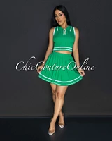 Calvina Green White Stripes Tennis Crop Top & Skirt Set