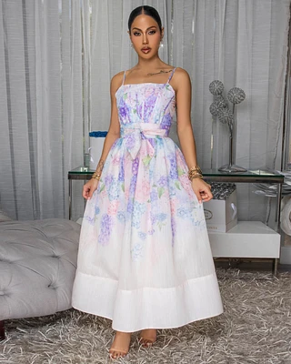 Maliyah Lilac Multi-Color Floral Print Midi Dress