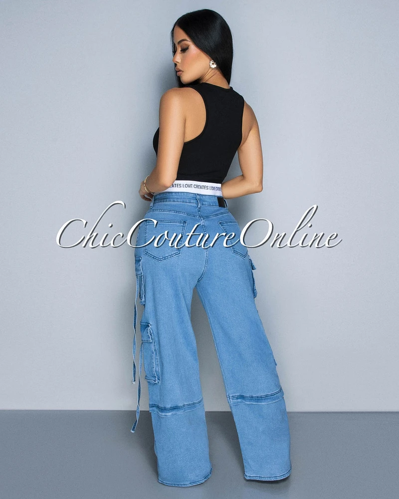 Una Light Denim Wide Cargo Jeans