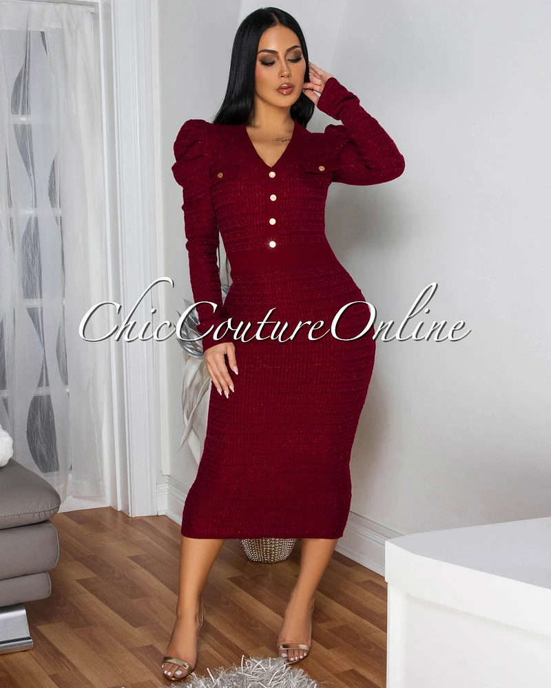 Novia Burgundy Gold Shimmer Knit Midi Dress