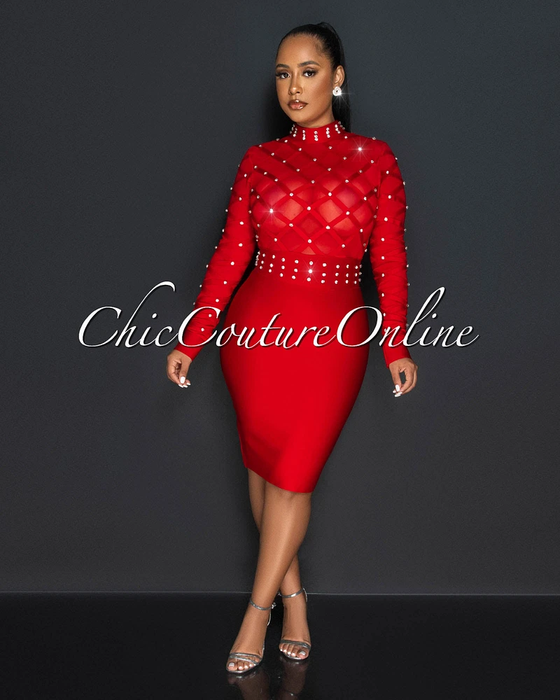 Louis Red Rhinestones Mesh Lattice Bandage Dress