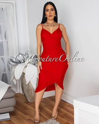 Solis Red Mesh Ruched Midi Dress