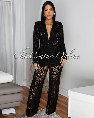 Kanis Black Crochet Blazer Pants Suit
