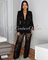 Kanis Black Crochet Blazer Pants Suit
