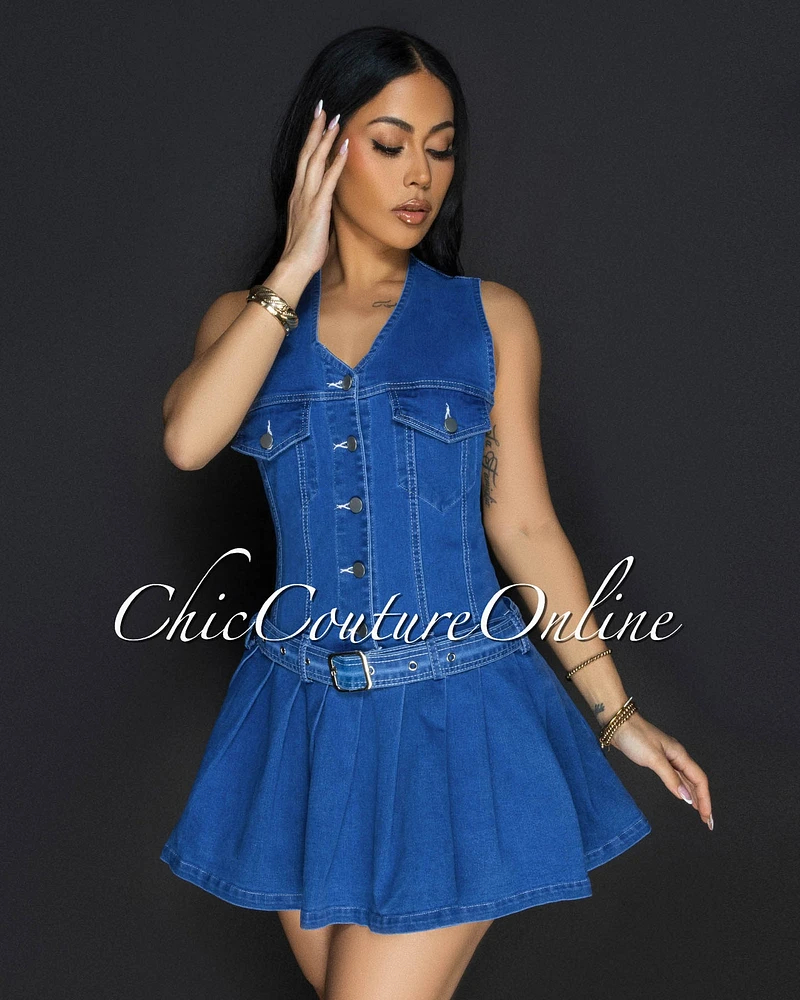 Ramia Blue Denim Belted Pleated Dress