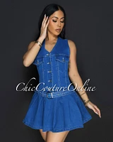 Ramia Blue Denim Belted Pleated Dress