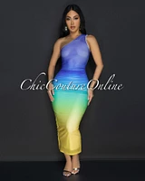 Luni Blue Multi Single Shoulder Mesh Ruched Dress