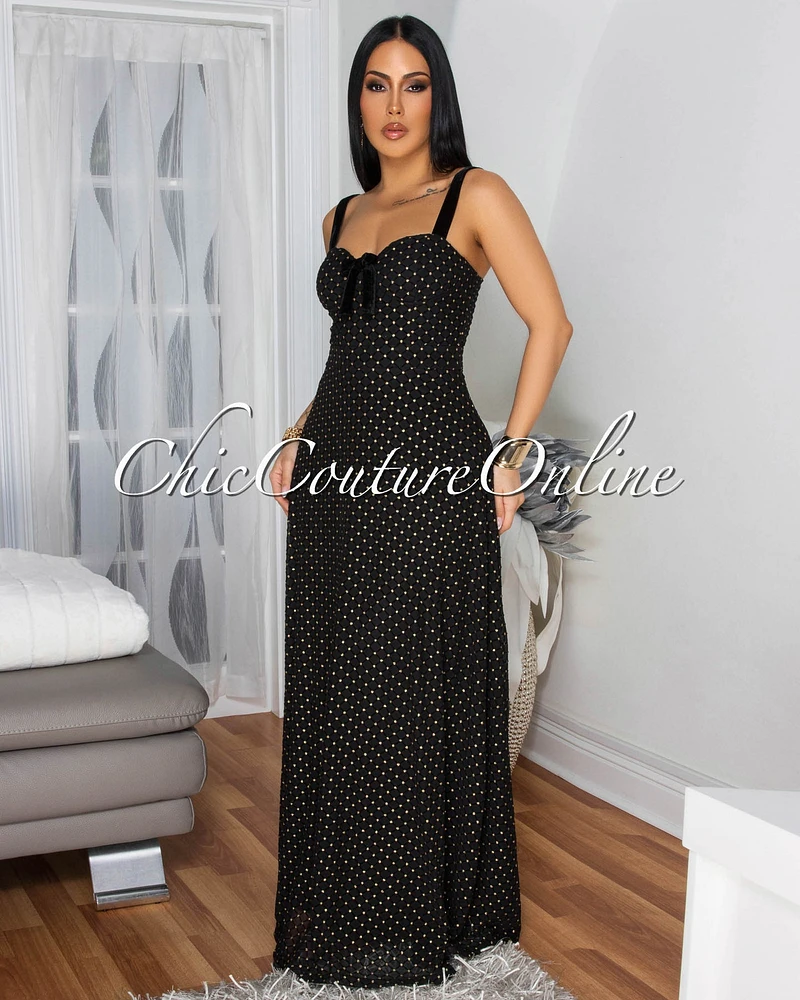 Martica Black Gold Polka Dots Maxi Dress