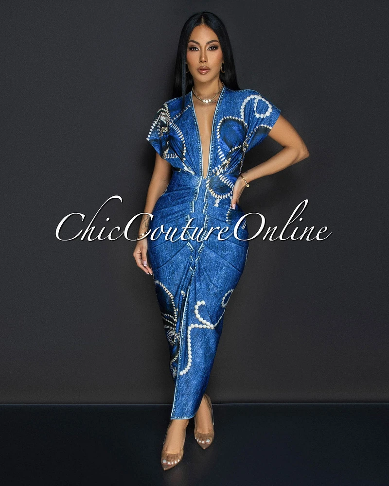 Kysha Denim Pearl Print Deep V Neck Maxi Dress