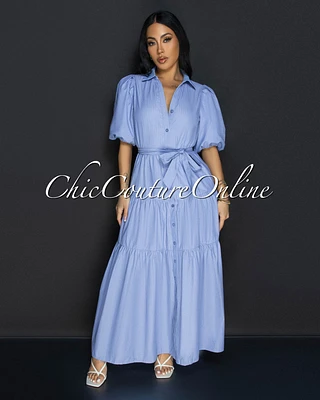 Locina Blue Stripes Ruffle Maxi Dress