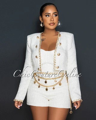 *Arsenio Cream Gold Link Tweed Romper w Jacket Set