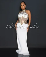 Brigitte Off-White Gold Trim Silky Maxi Dress