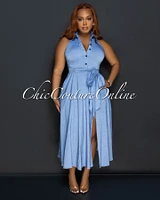 Louiza Blue Chambray Halter Midi Dress