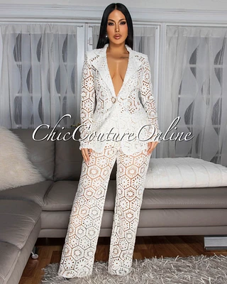 Kanis Cream Crochet Blazer Pants Suit