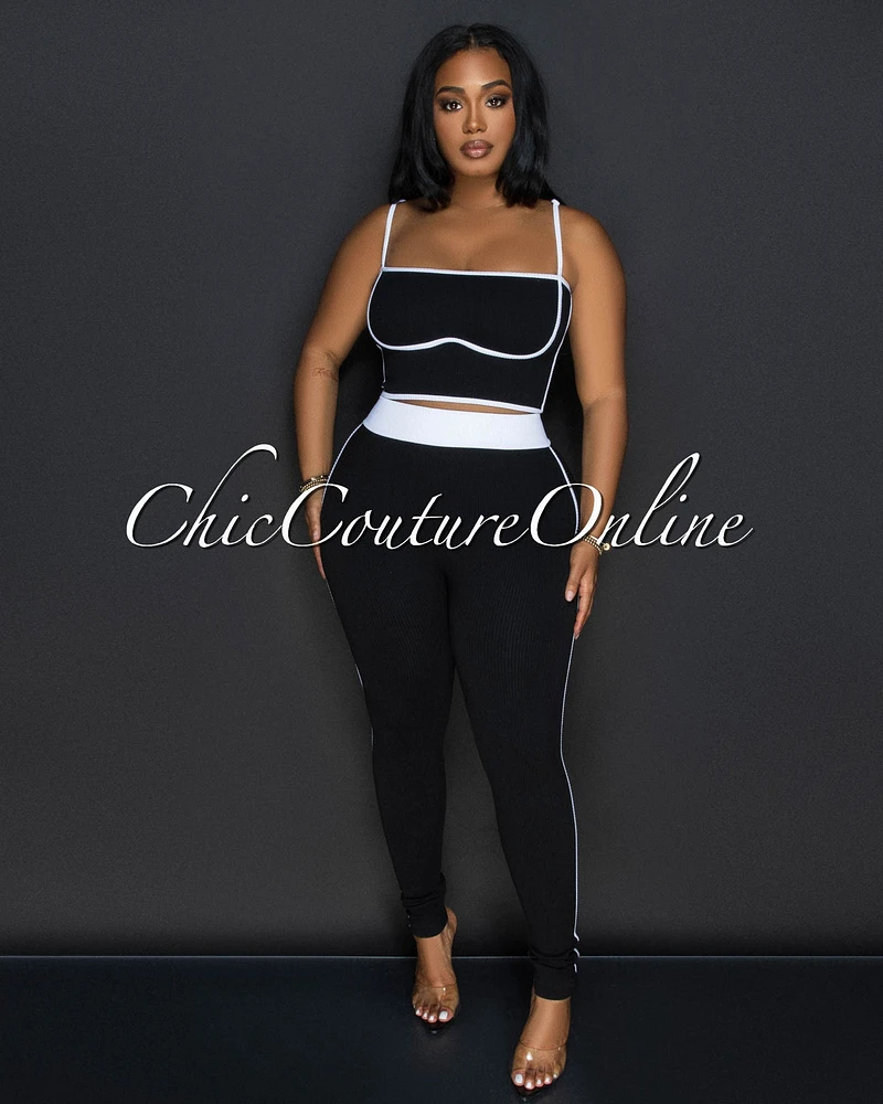 Manika Black White Crop Top & Leggings Ribbed Sculpting Set (9/11)