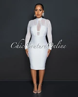 Farlane White Silver Shimmer Mesh Accent Bandage Dress