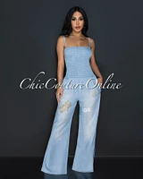 Malaya Light Denim Glitter Design Smocked Top Widelegs Jumpsuit