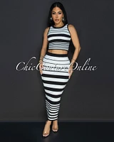 Evaline White Stripes Top & Midi Skirt Set