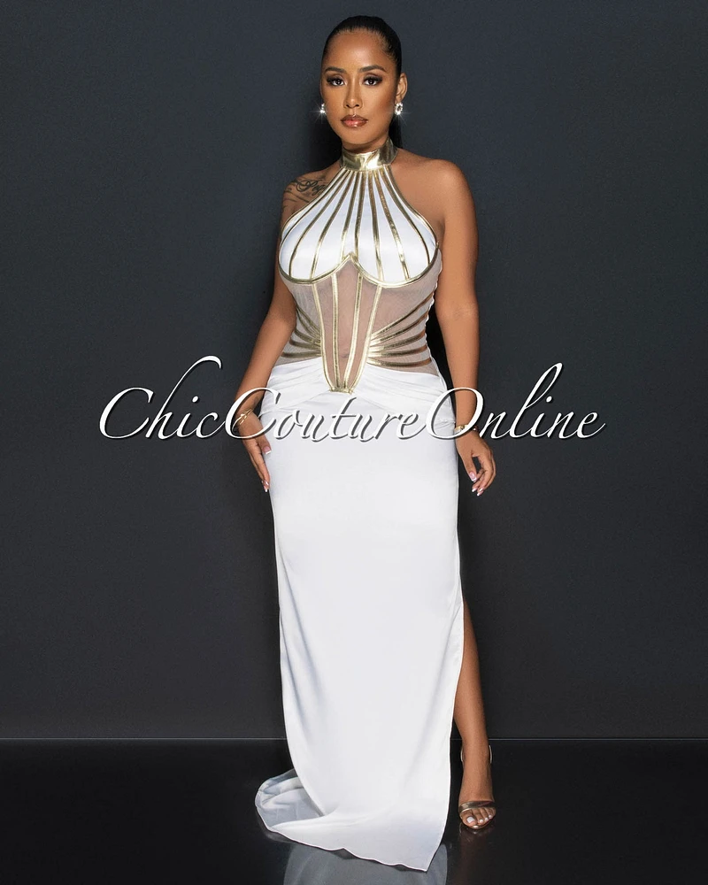 Brigitte Off-White Gold Trim Silky Maxi Dress