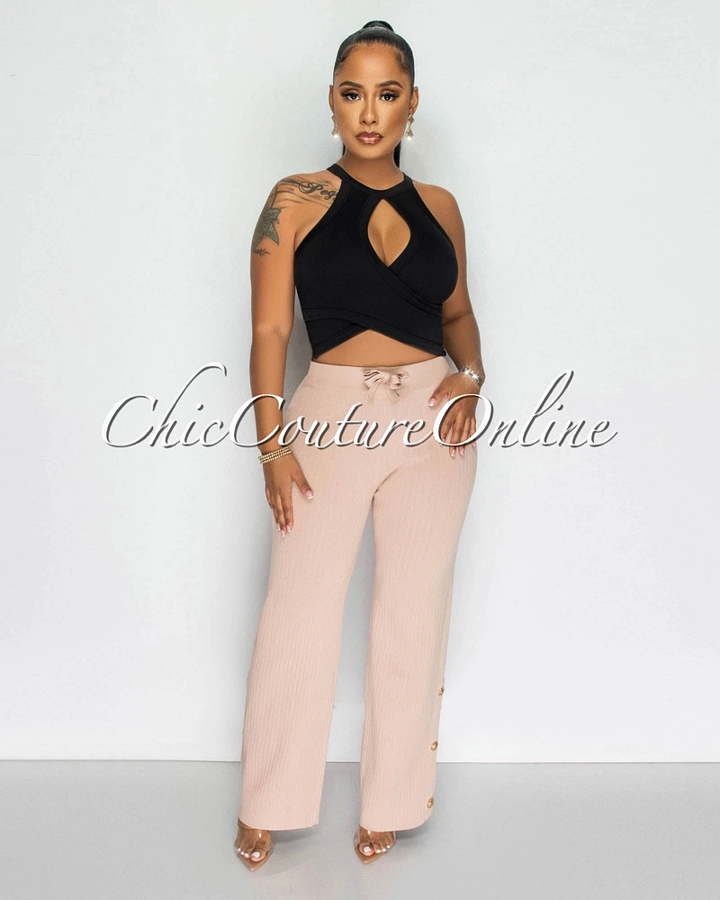 *Ronny Mocha Ribbed Gold Buttons Wide Pants