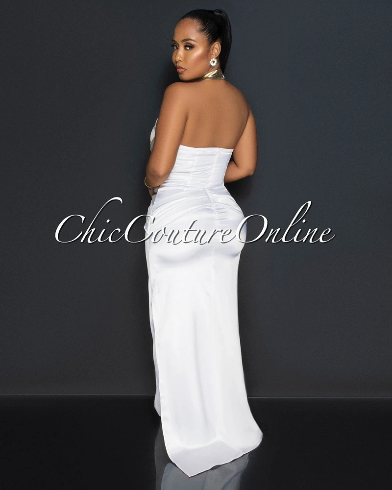 Brigitte Off-White Gold Trim Silky Maxi Dress