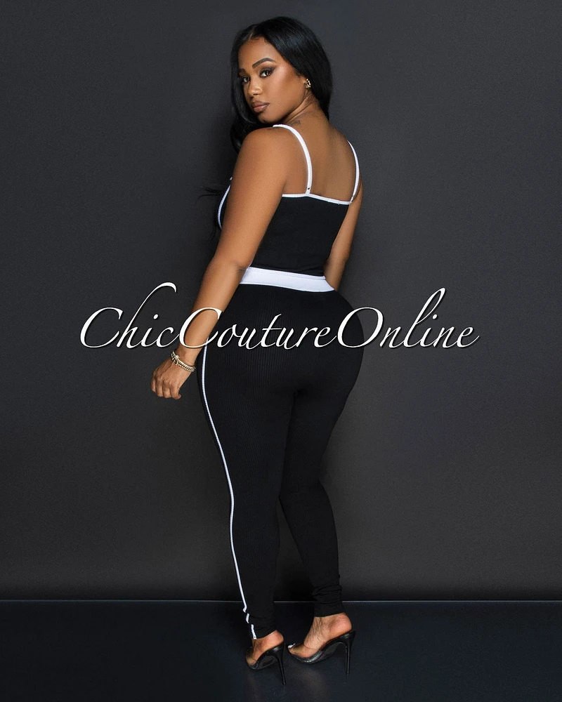 Manika Black White Crop Top & Leggings Ribbed Sculpting Set