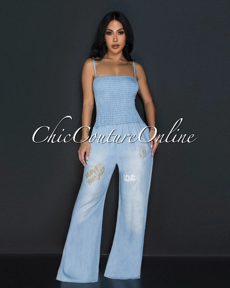 Malaya Light Denim Glitter Design Smocked Top Widelegs Jumpsuit