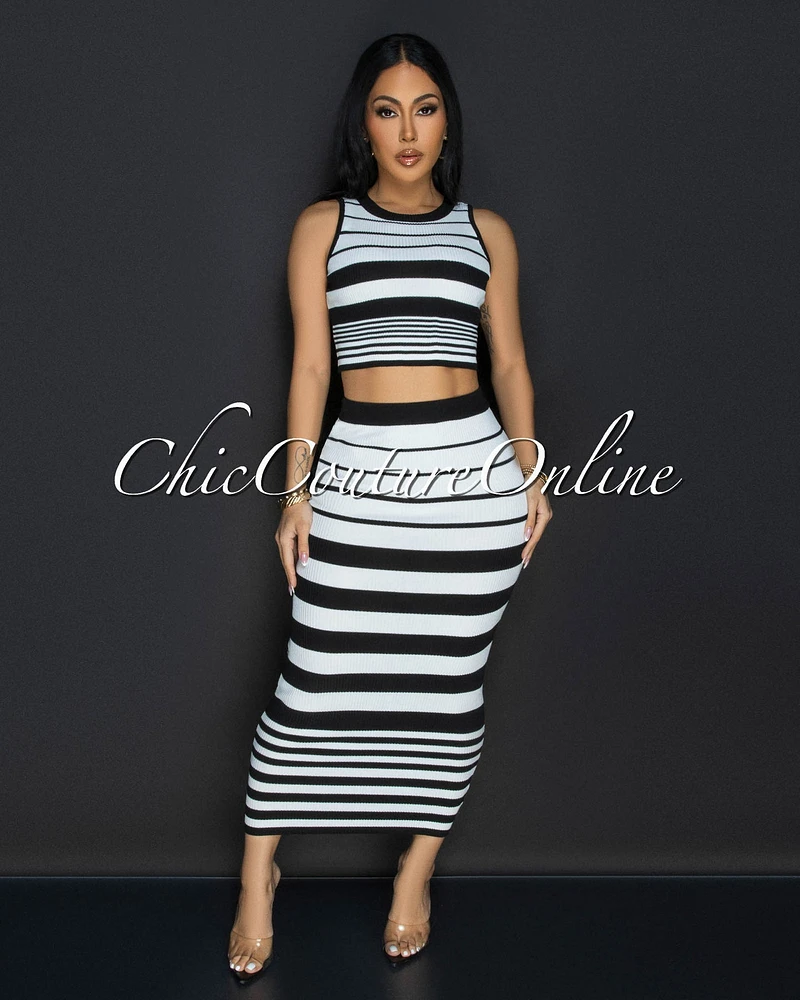 Evaline White Stripes Top & Midi Skirt Set