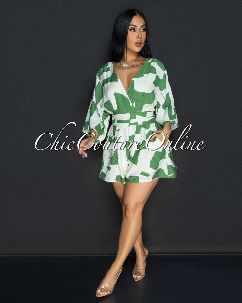 Emba Green Beige Print Romper