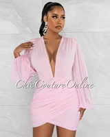 Stephen Baby Pink Deep-V Mesh Ruched Dress