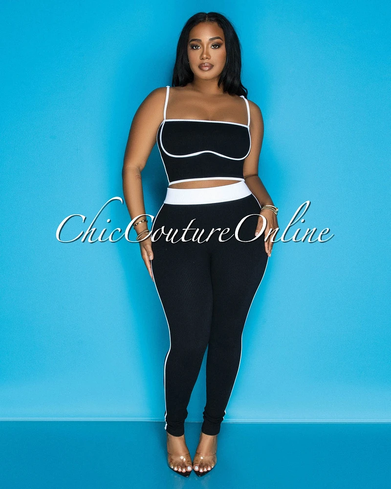 Manika Black White Crop Top & Leggings Ribbed Sculpting Set