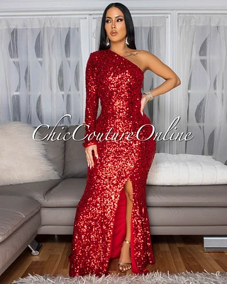 Prima Red Sequins Side Slit Single Shoulder Gown