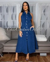 Elvira Medium-Blue Denim Button Front Maxi Dress