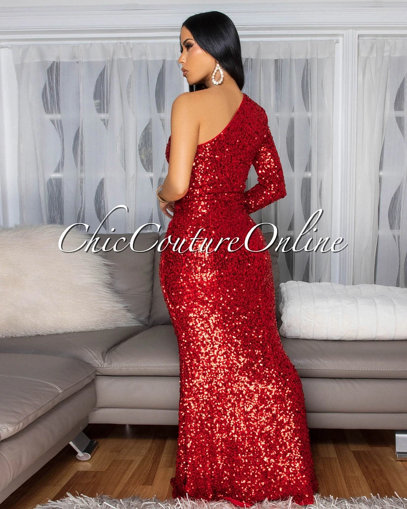 Prima Red Sequins Side Slit Single Shoulder Gown