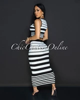 Evaline White Stripes Top & Midi Skirt Set