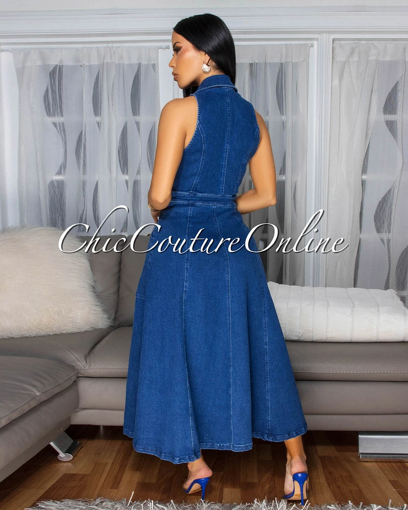 Elvira Medium-Blue Denim Button Front Maxi Dress