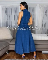 Elvira Medium-Blue Denim Button Front Maxi Dress