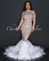 Dianne Nude Mesh Rhinestones White Feathers Statement Hem Gown