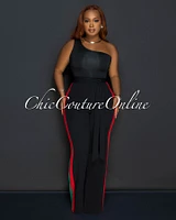 Lia Black Red Green Stripes Single Shoulder Jumpsuit