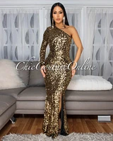 Prima Gold Black Sequins Side Slit Single Shoulder Gown